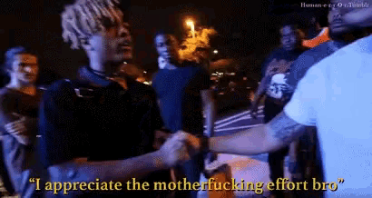 a man shakes hands with another man and says " i appreciate the motherfucking effort bro " .
