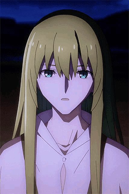 a girl with long blonde hair and green eyes is wearing a white shirt and a necklace