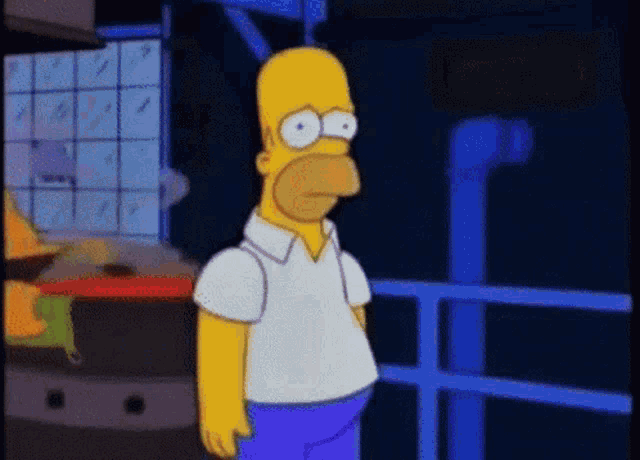homer simpson is standing in front of a blue railing