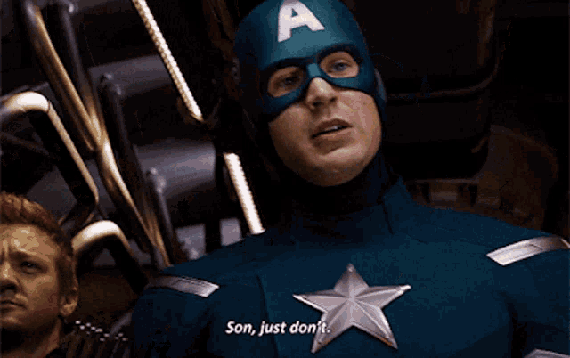 a man in a captain america costume says son just don t