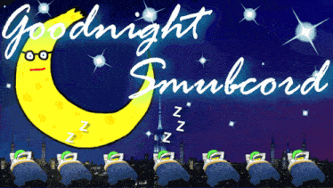 a cartoon drawing of a crescent moon with a face and the words goodnight smubcord