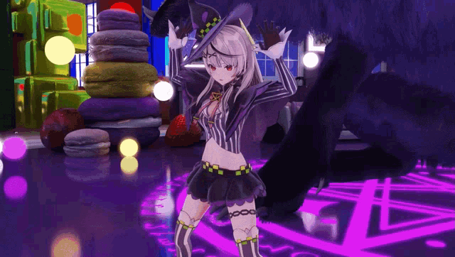 a girl in a witch costume stands in front of a purple circle with the letter l on it