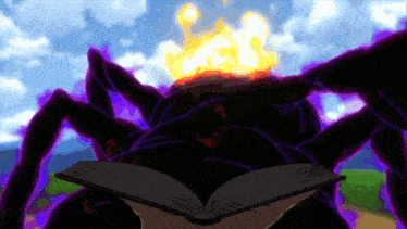 a person is holding an open book in front of a giant spider .