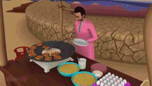 a woman in a pink dress is cooking food on a stove in front of a tv screen