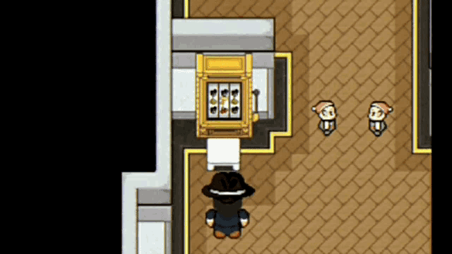 a man in a hat stands in front of a slot machine in a video game