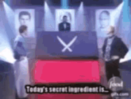 two men are standing in front of a box that says today 's secret ingredient is