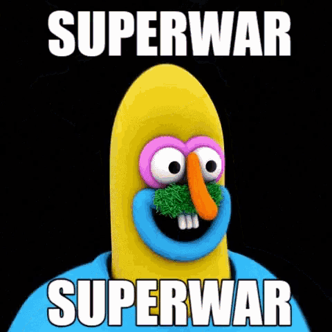 a cartoon character with the words superwar superwar in white letters