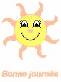 a cartoon sun with a smiling face and the words `` bonne journee '' underneath it .