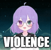 a girl with purple hair and glasses says violence