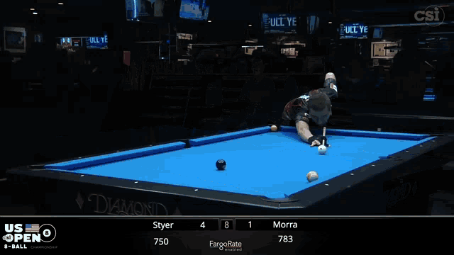 a pool table with a man holding a cue and a scoreboard that says us open