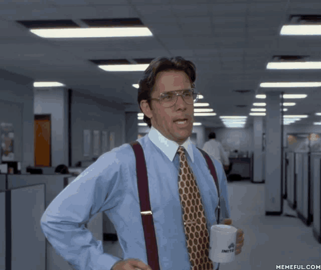 a man in a blue shirt and suspenders is holding a mug that says smiths