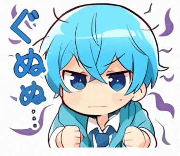 a drawing of a boy with blue hair and a purple background