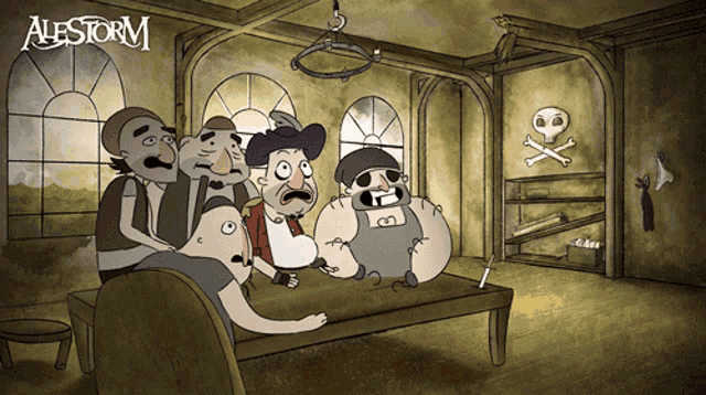 a group of cartoon characters sitting around a table with the word alestorm on the bottom