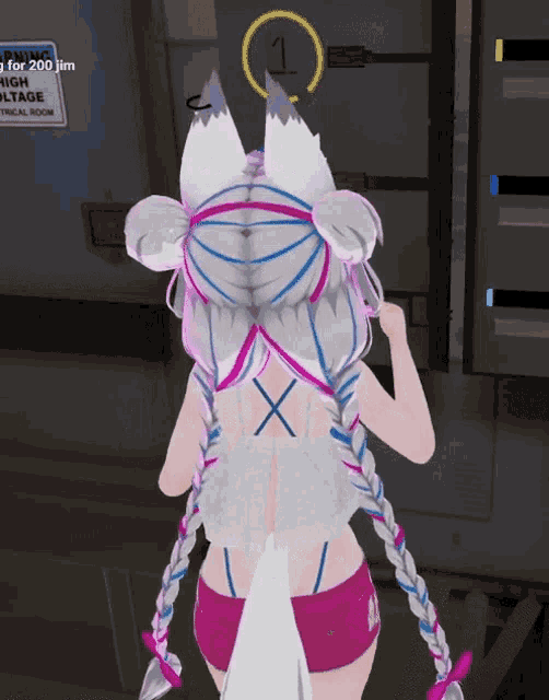 a girl in a video game is standing in front of a sign that says " high voltage "