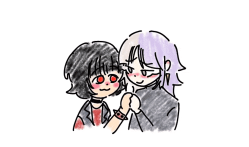 a drawing of a boy and a girl holding hands with hearts around them