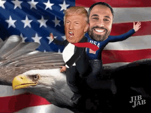 a man is riding on the back of an eagle with donald trump 's face on it