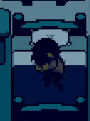 a pixel art of a person laying on a bed with the letter t on the pillow