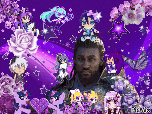 a picture of a man surrounded by purple flowers and ponies with the words picmix on the bottom