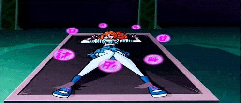 a cartoon of a girl laying on a bed with pink circles around her including one that says g