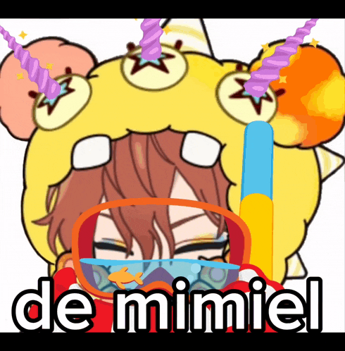 a cartoon of a person wearing a unicorn hat and goggles with the words de mimiel below them