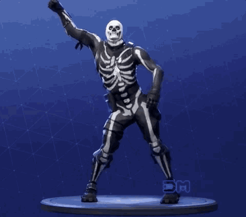a skeleton is standing in front of a blue background with the letters dm visible