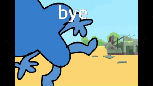 a cartoon character with the word bye written on it