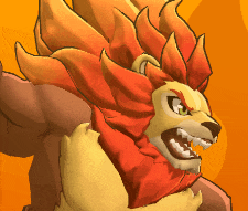 a cartoon of a lion with a red mane and green eyes