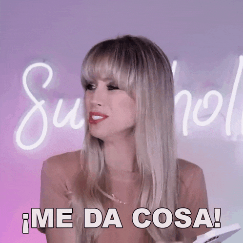 a woman says me da cosa in front of a purple background