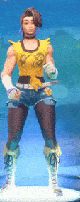 a woman in a yellow top and shorts is standing on a white platform