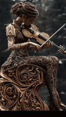 a statue of a woman playing a violin is sitting on a chair
