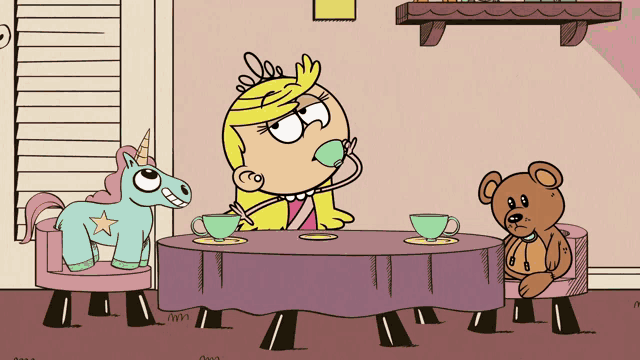 a cartoon of a girl sitting at a table with a teddy bear and a unicorn
