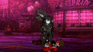 a cartoon character is holding a sword in a purple room .