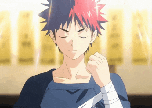 a cartoon character with red and black hair and a bandaged arm