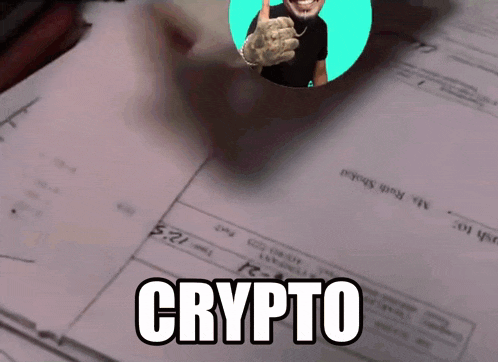 a picture of a man giving a thumbs up with the word crypto below it