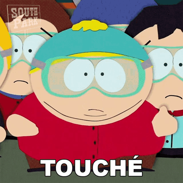 a cartoon character from south park wearing goggles and the word touché
