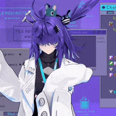 a girl with purple hair is wearing a white jacket with the number 888 on it