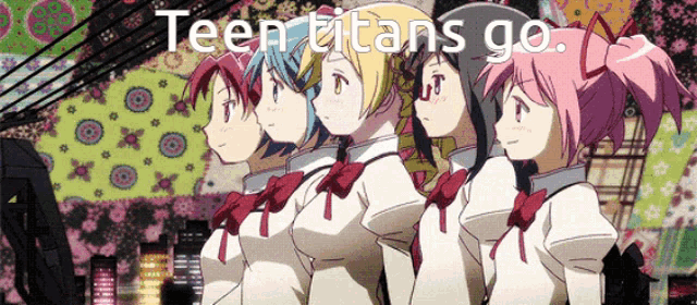 a group of anime girls standing next to each other with the words teen titans go written above them