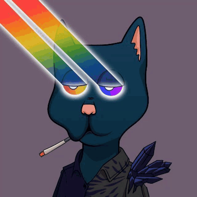a cartoon cat is smoking a cigarette with a rainbow beam coming out of its eyes .