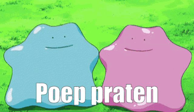 a blue and a pink monster are standing next to each other with the words poen praten written on the bottom