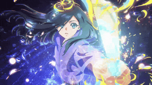 a girl with long hair and blue eyes is holding a sword in her hands .