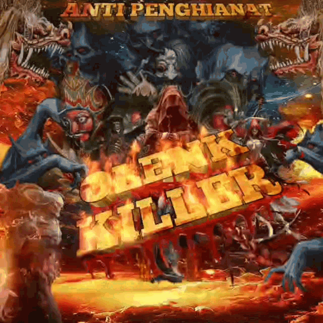 a poster for a movie called anti penghianat shows demons and fire