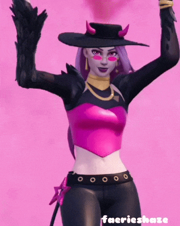 a woman wearing a pink top and a black hat with horns is standing on a pink background .
