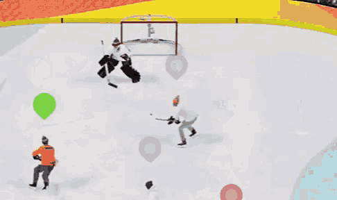 a hockey game is being played in front of a scoreboard that says ' scores '