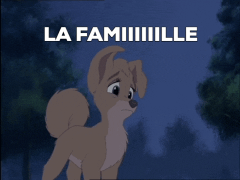 a cartoon of a dog with the words la famille in white letters