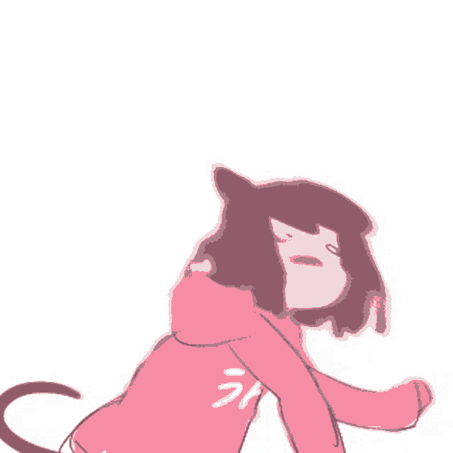a cartoon of a girl wearing a pink hoodie with a cat tail .
