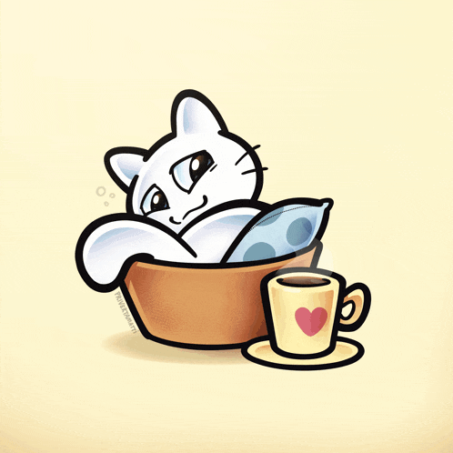 a cartoon of a cat in a bowl next to a cup of coffee