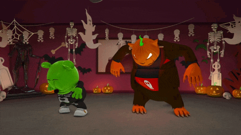 a gummy bear in a skeleton costume is dancing next to a pumpkin bear