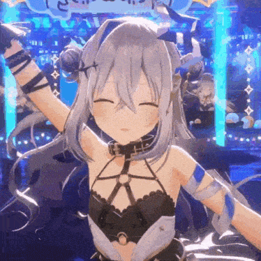 a girl with gray hair is dancing in a video game with her eyes closed .
