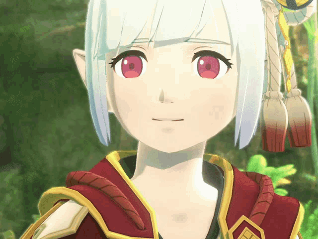 a cartoon girl with white hair and red eyes