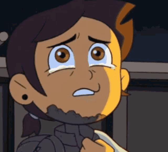 a close up of a cartoon character with tears in her eyes